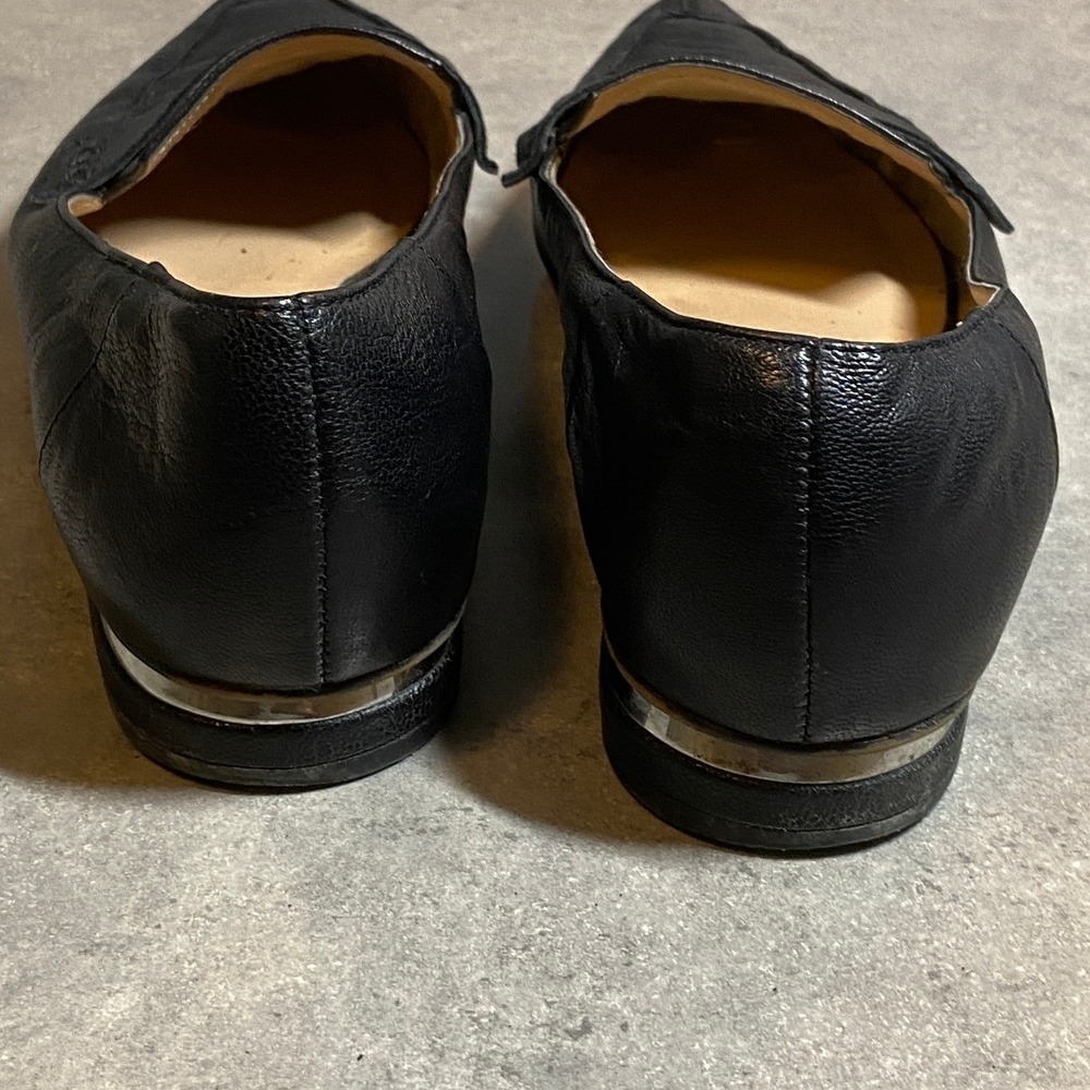 Franco Sarto Black Leather Pointed Toe Penny Loafers Women's 7.5M Silver Accent - Picture 2 of 7